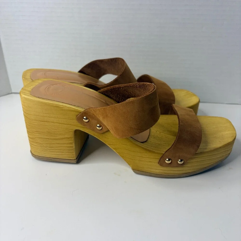 Brown Suede Wood Platform Heels Block Slide Sandals Womens 41 Chic Boho Cottage - Picture 2 of 7